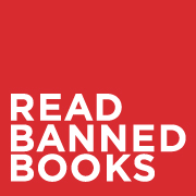 red square with bold, white text saying, "read banned books"