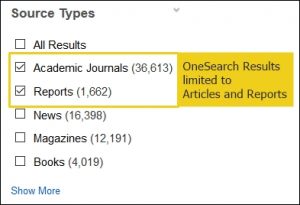 OneSource Source Type Limiter with the "Academic Journals" and "Reports" check boxes selected.